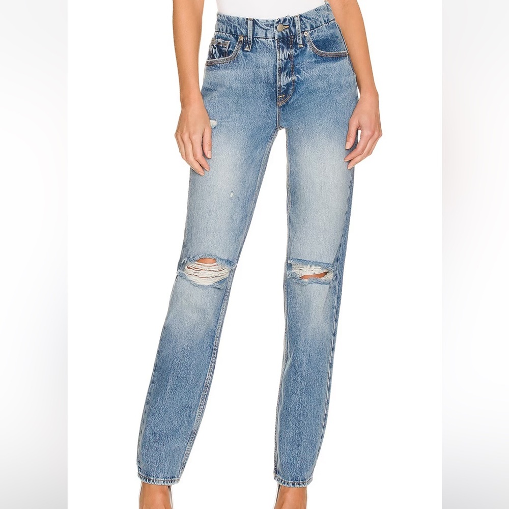 New Good American Good 90’s Icon Straight Leg Distressed Knee Blue Jeans 10/30